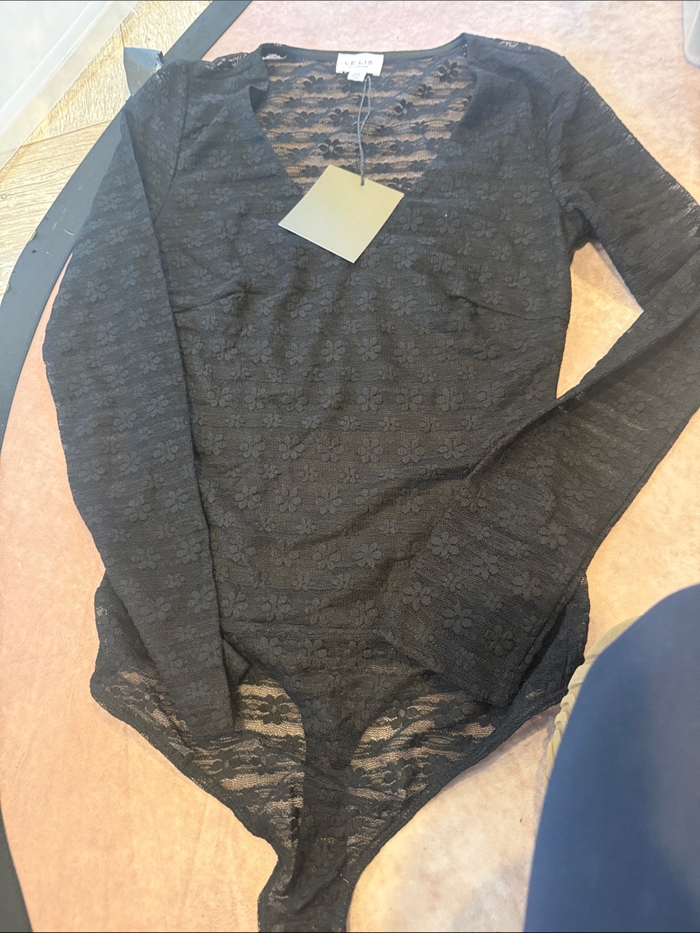 Le Lis Black Floral Lace Long Sleeve Bodysuit
